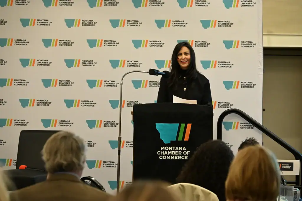 Montana Secretary of State Christi Jacobsen speaks at the 2026 Montana Chamber of Commerce Business Days at the Capitol event.