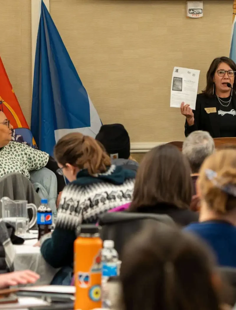 A woman speaks at a podium, holding up a paper in front of an audience. People are seated at round tables, and various flags are displayed in the background.