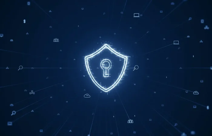 Montana Secretary of State's Office reminds that October is Cybersecurity Awareness Month 9 A glowing digital shield with a keyhole symbol in the center, surrounded by technology and security icons on a dark blue background, representing cybersecurity for the Montana Secretary of State during Cybersecurity Awareness Month.
