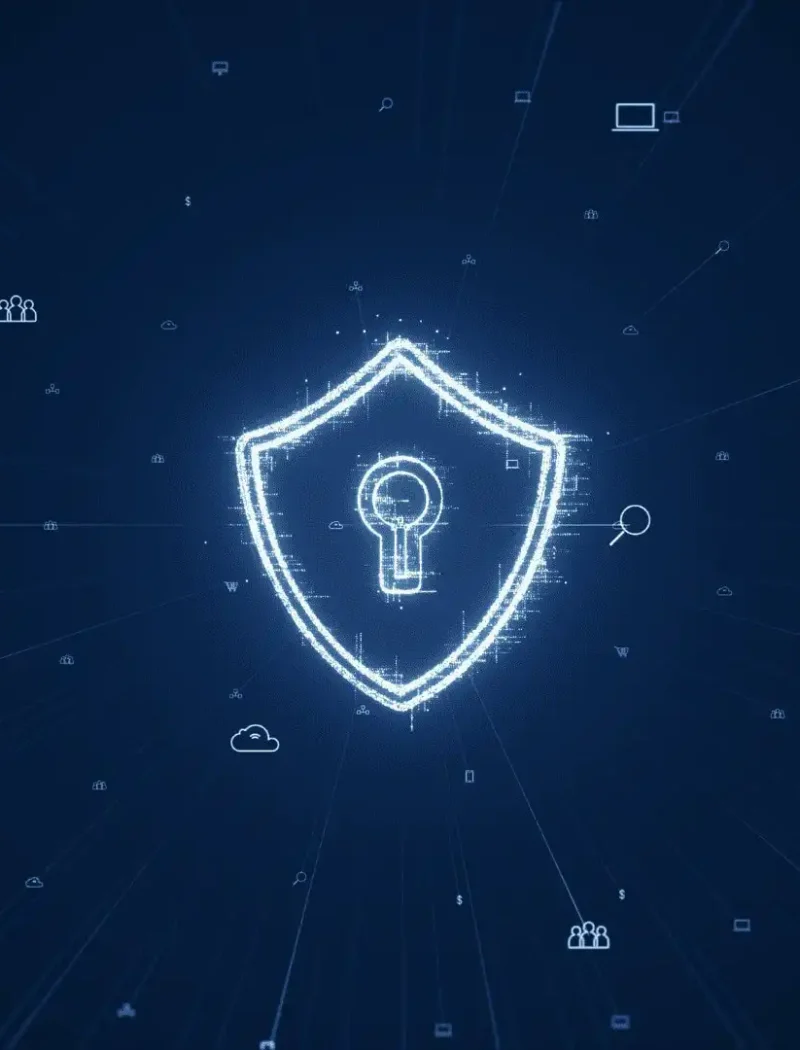 A glowing digital shield with a keyhole symbol in the center, surrounded by technology and security icons on a dark blue background, representing cybersecurity for the Montana Secretary of State during Cybersecurity Awareness Month.