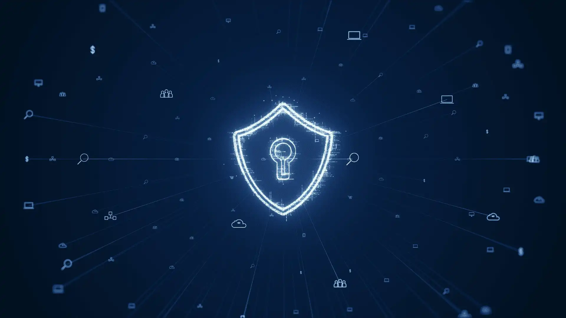 Montana Secretary of State's Office reminds that October is Cybersecurity Awareness Month 8 A glowing digital shield with a keyhole symbol in the center, surrounded by technology and security icons on a dark blue background, representing cybersecurity for the Montana Secretary of State during Cybersecurity Awareness Month.