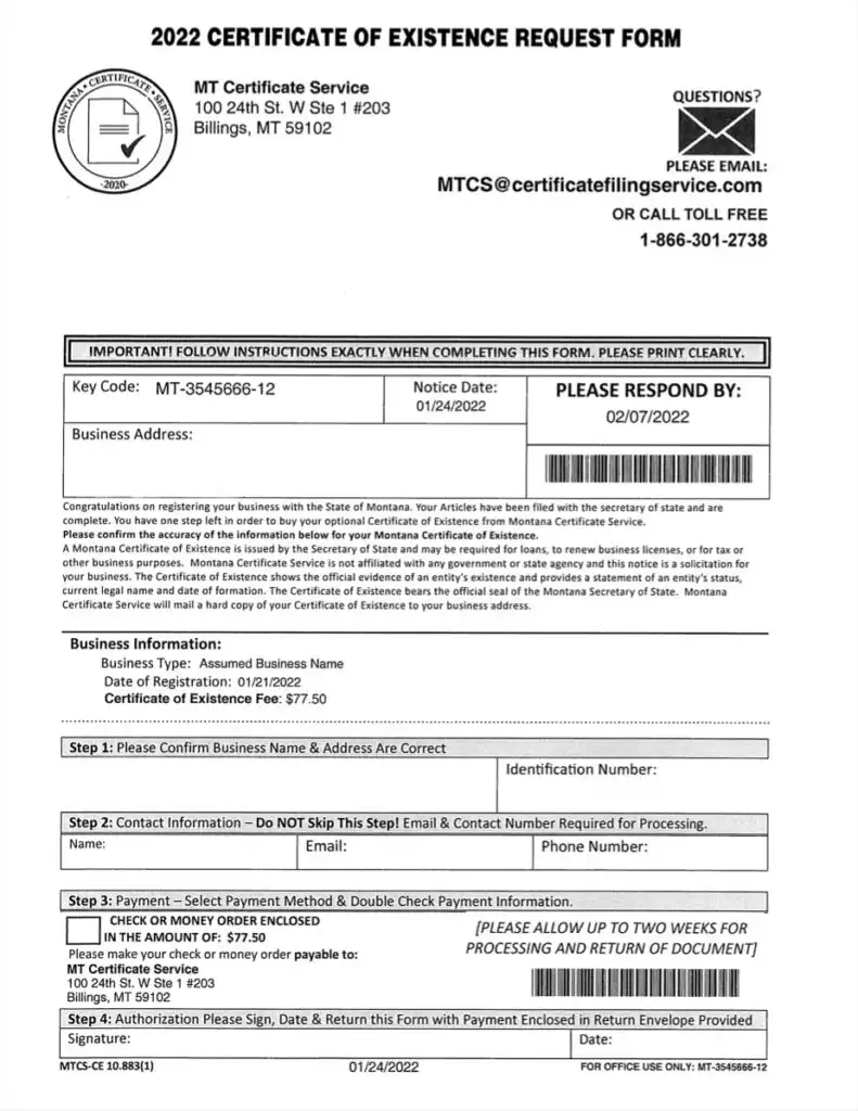 2022 Misleading Mailing Certificate of existence