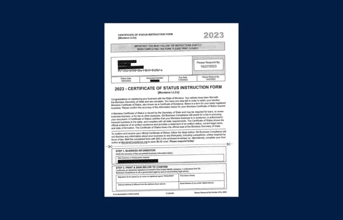 Secretary Christi Jacobsen warns Montana businesses of misleading solicitations 7 A certificate of status instruction form for Montana businesses, showing blacked-out personal information, instructions, and checkboxes for business verification. The form is displayed on a dark blue background, as guided by Secretary Christi Jacobsen.