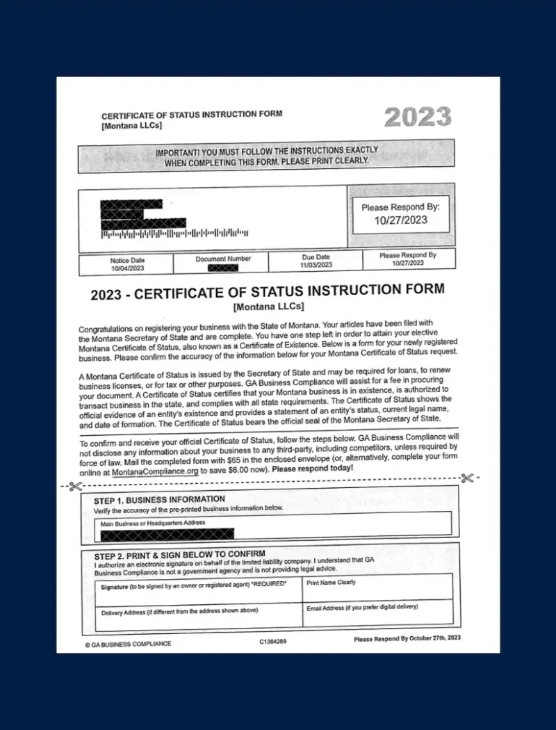 Secretary Christi Jacobsen warns Montana businesses of misleading solicitations 4 A certificate of status instruction form for Montana businesses, showing blacked-out personal information, instructions, and checkboxes for business verification. The form is displayed on a dark blue background, as guided by Secretary Christi Jacobsen.