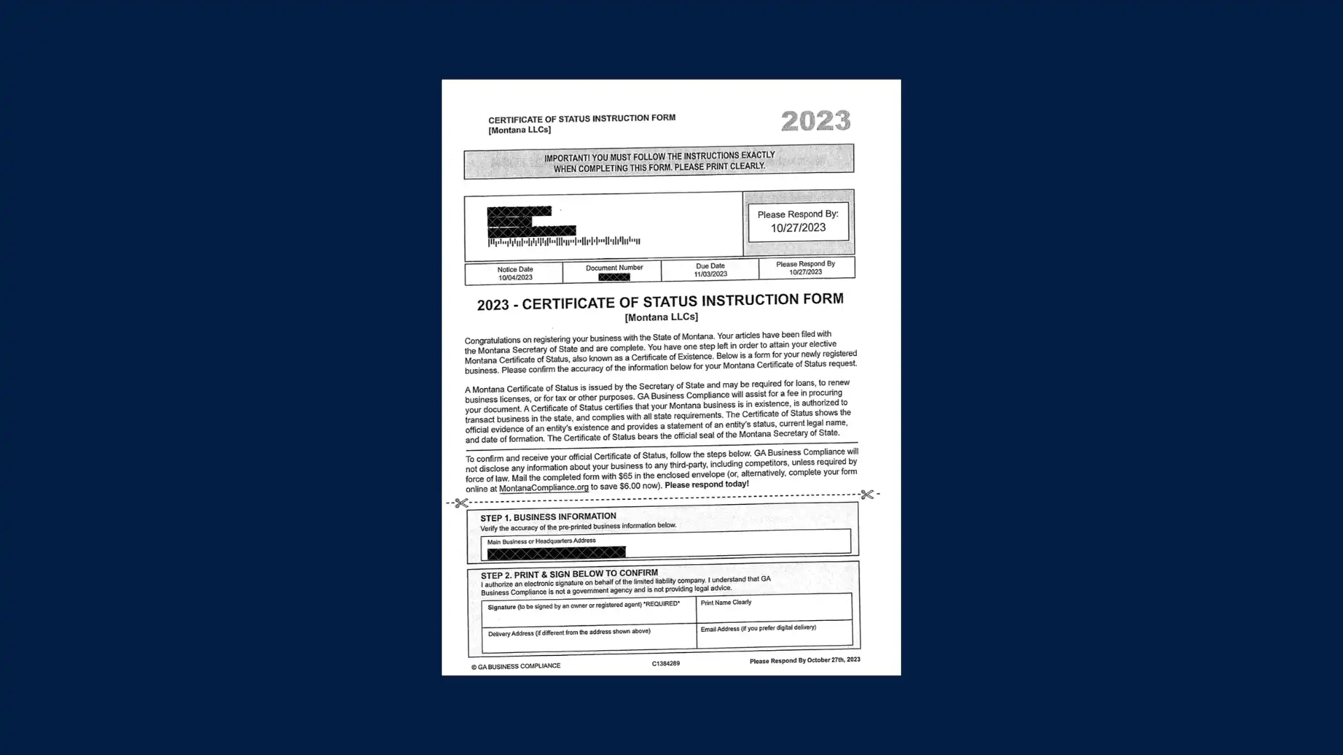 A certificate of status instruction form for Montana businesses, showing blacked-out personal information, instructions, and checkboxes for business verification. The form is displayed on a dark blue background, as guided by Secretary Christi Jacobsen.