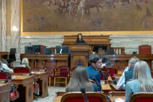 Montana Secretary of State Christi Jacobsen delivers remarks to the 2025 Montana American Legion Boys and Girls State members.