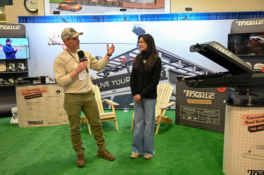 Montana Secretary of State Christi Jacobsen visits with Montana small business, Trxstle, at the 2026 Montana Outdoor Expo.