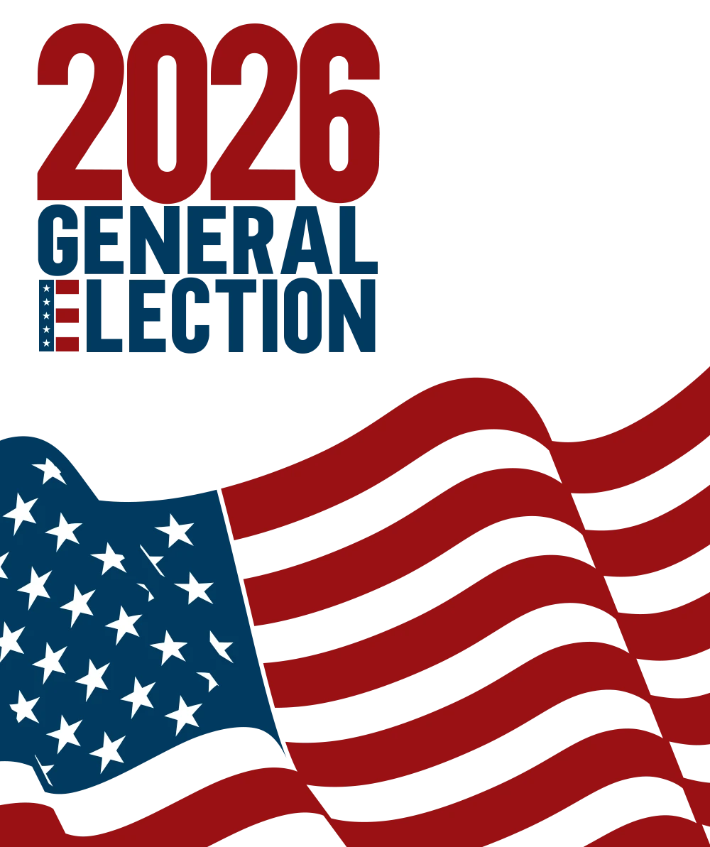 Bold red text reads 2026 General Election above a stylized American flag with red stripes and white stars on a blue field, highlighting a patriotic theme and the role of the Montana Secretary of State, Christi Jacobsen.