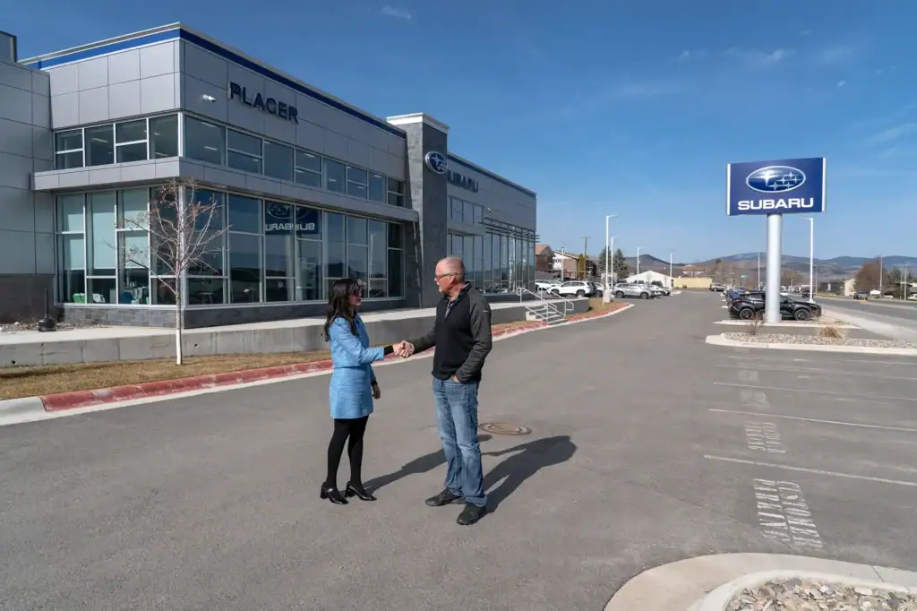 Montana Secretary of State Christi Jacobsen visits with Placer Motors (Placer Subaru) CEO and owner Erick Anderson.