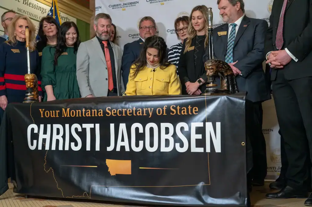 Montana Secretary of State Christi Jacobsen filed Houe Bill 248, part of her Death of a Loved One initiative, into law at the Montana State Capitol.