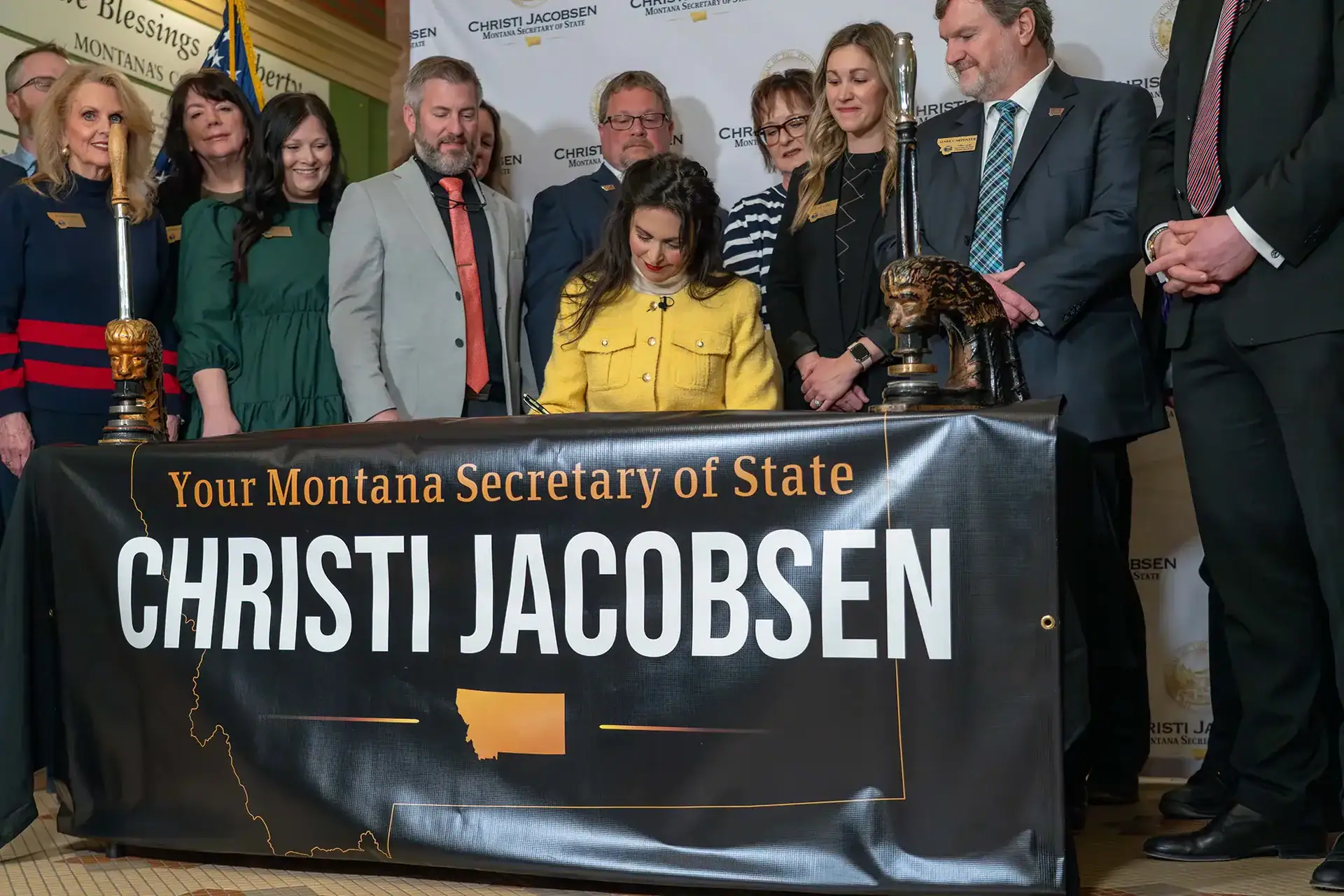 Montana Secretary of State Christi Jacobsen filed Houe Bill 248, part of her Death of a Loved One initiative, into law at the Montana State Capitol.