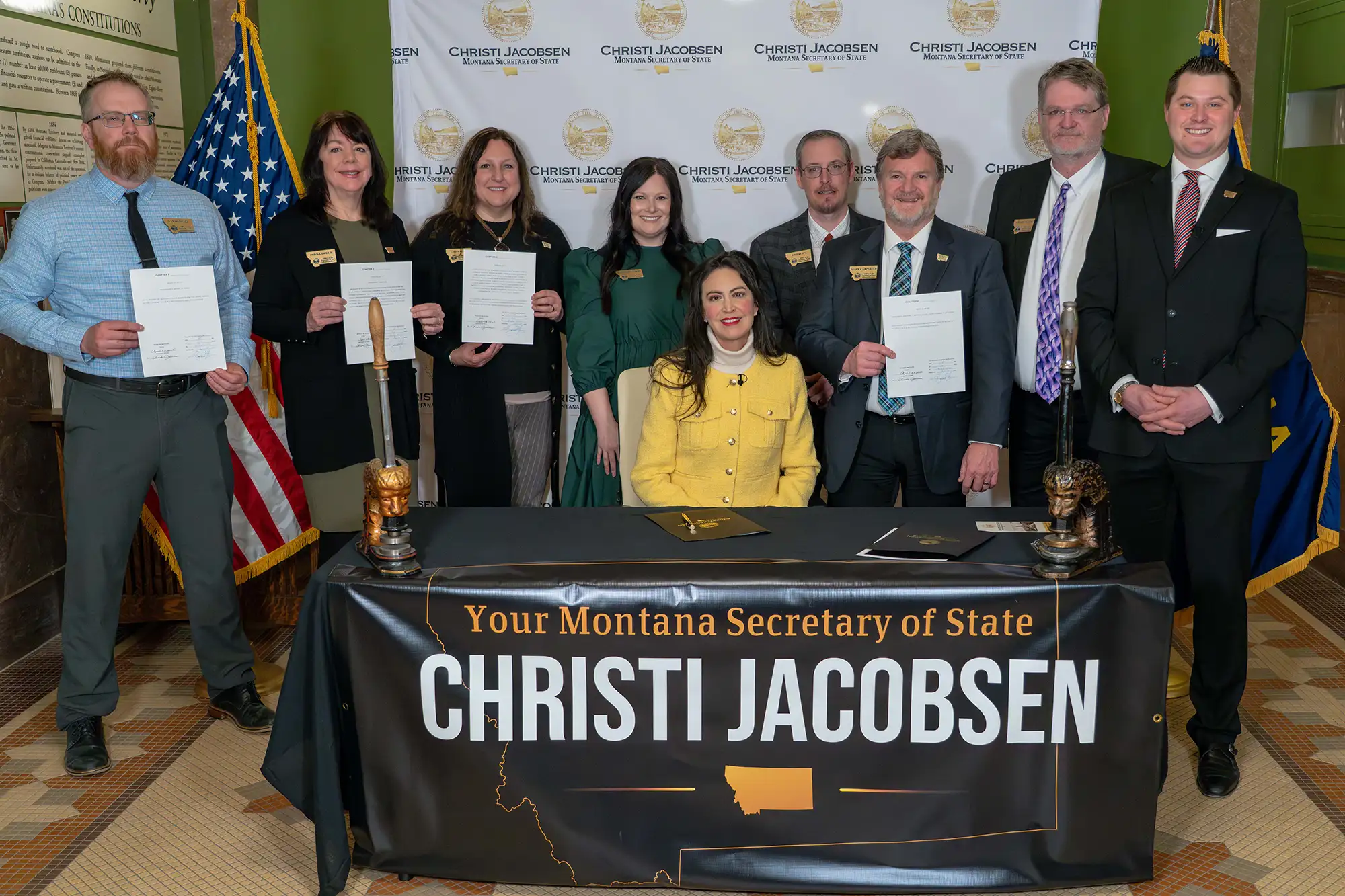 Montana Secretary of State Christi Jacobsen celebrates election red tape relief legislation with the Montana Elections Team.