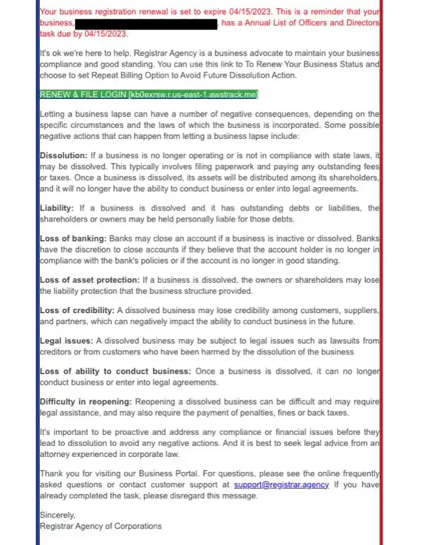 Secretary Jacobsen alerts Montana businesses of deceptive email regarding annual report filings 2 4 7 23 Deceptive Renewal Email example 1