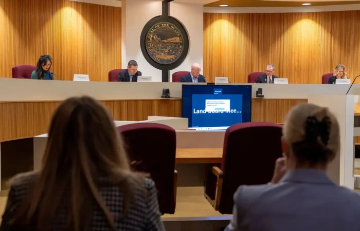 Five officials sit at a curved desk in a wood-paneled government meeting room, with a large seal on the wall and a screen displaying Land Use Committee. Two audience members are visible, as oil and gas projects and logging in Montana schools are discussed.