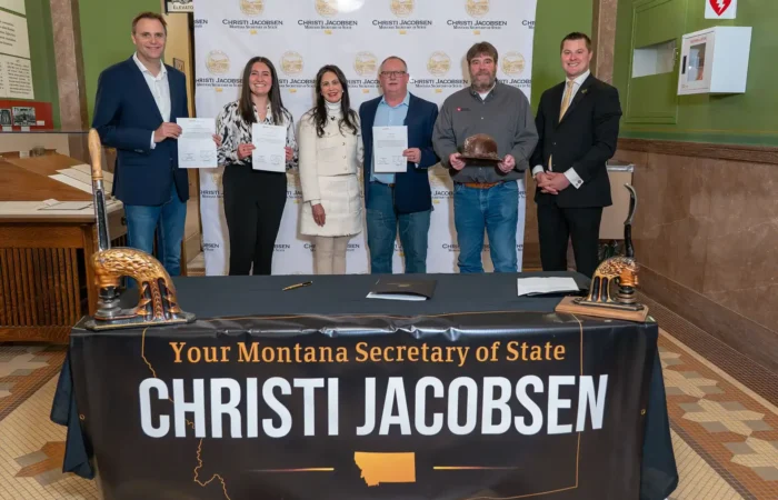 Secretary Christi Jacobsen welcomes Montana Mining Association to ceremonial bill filing for its 2025 Legislative priorities 10 Secretary Christi Jacobsen files legislation for the Montana Mining Association.