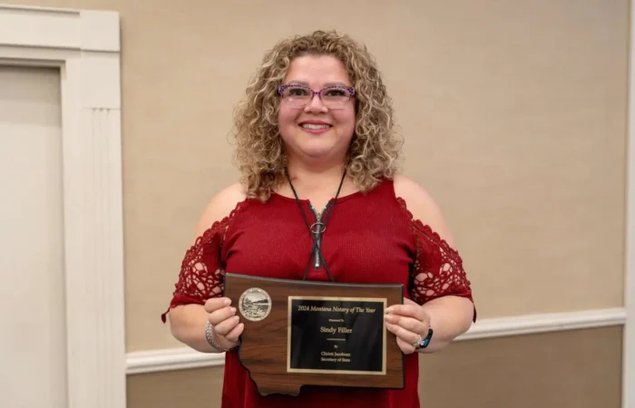 Secretary Christi Jacobsen recognizes Libby's Sindy Filler as 2024 Montana Notary of the Year 1 Montana Secretary of State Christi Jacobsen and the SOS Office recognized Libby notary Sindy Filler as the 2024 Montana Notary of the Year.