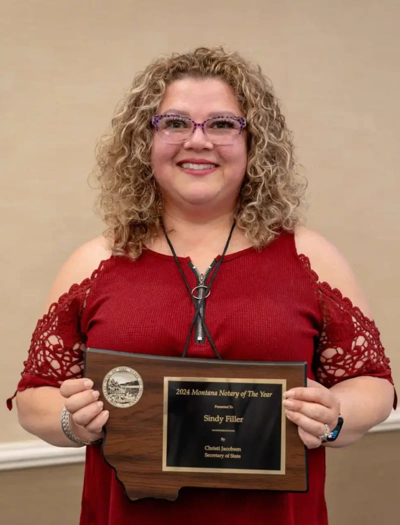 Montana Secretary of State Christi Jacobsen and the SOS Office recognized Libby notary Sindy Filler as the 2024 Montana Notary of the Year.