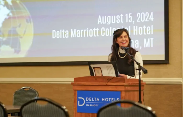 Secretary Christi Jacobsen kicks off 2024 Montana Notary Conference; attendance from across the globe 2 Montana Secretary of State Christi Jacobsen delivers welcoming remarks during the 2024 Montana Notary Conference and e-APP Symposium.