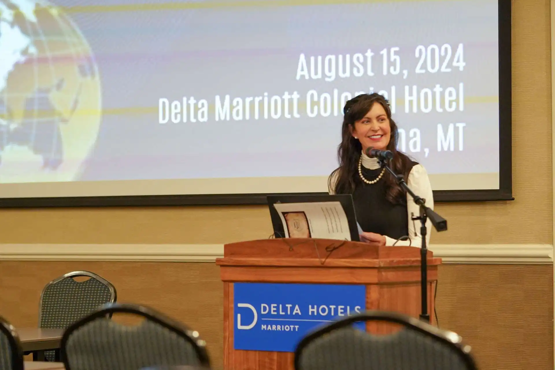 Montana Secretary of State Christi Jacobsen delivers welcoming remarks during the 2024 Montana Notary Conference and e-APP Symposium.