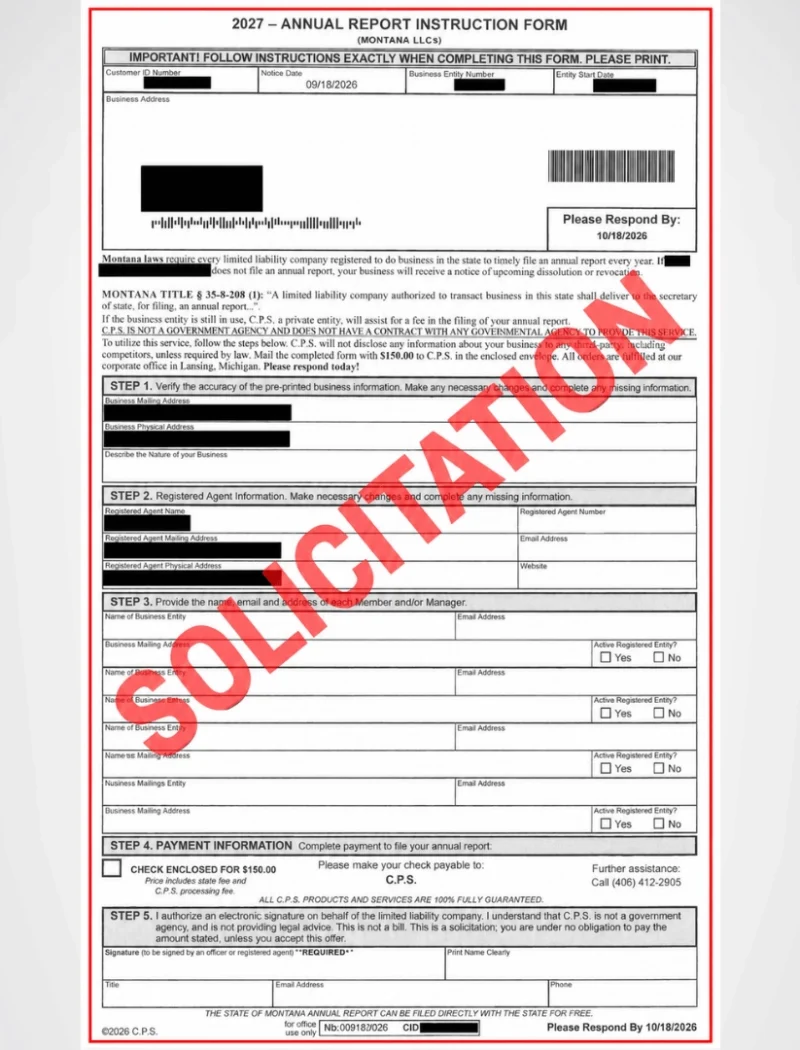 Secretary Christi Jacobsen warns Montana businesses of misleading 2027 Annual Report solicitation 1 Secretary of State Christi Jacobsen is warning Montana businesses of a solicitation mailing regarding 2027 Annual Reports.