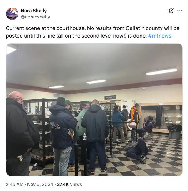 A social media post from November 2024 highlights the long lines and longer waits on Election Day in Montana.
