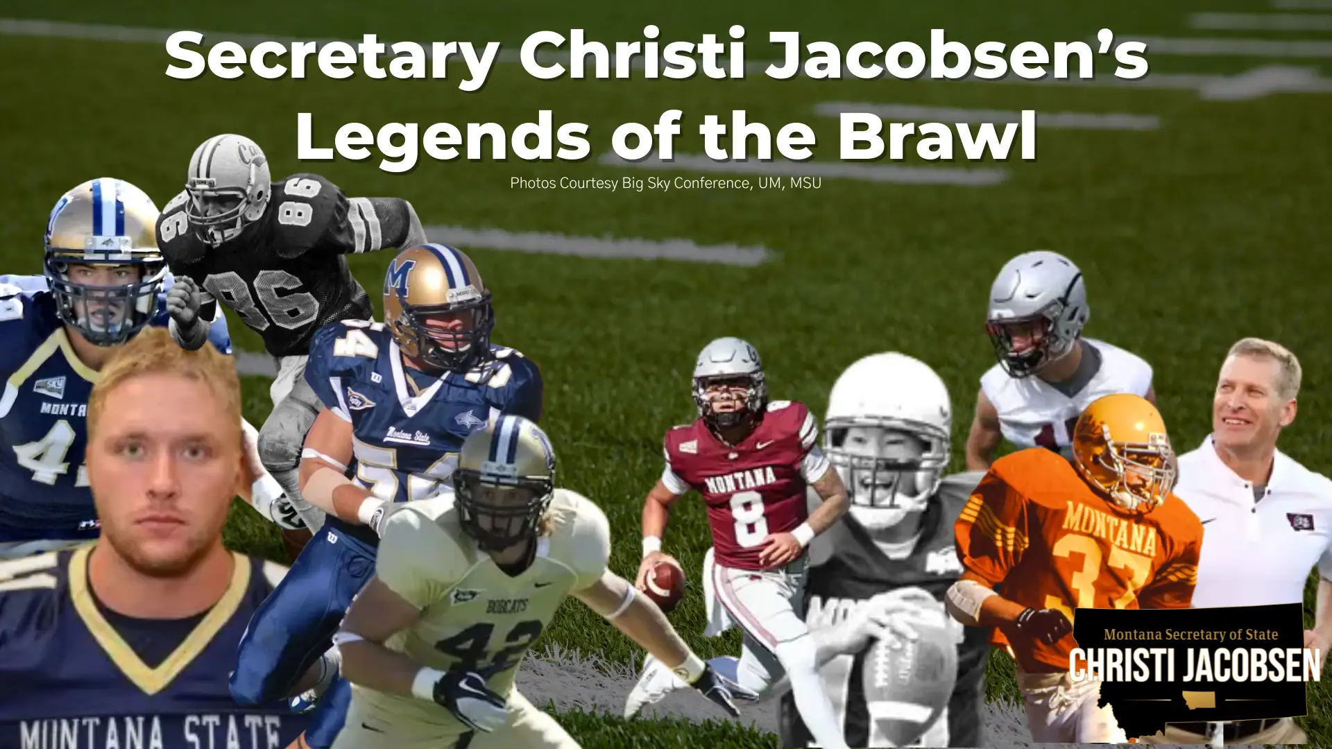 Secretary Christi Jacobsen presents the 'Legends of the Brawl' ahead of the Cat-Griz FCS semifinal football game.