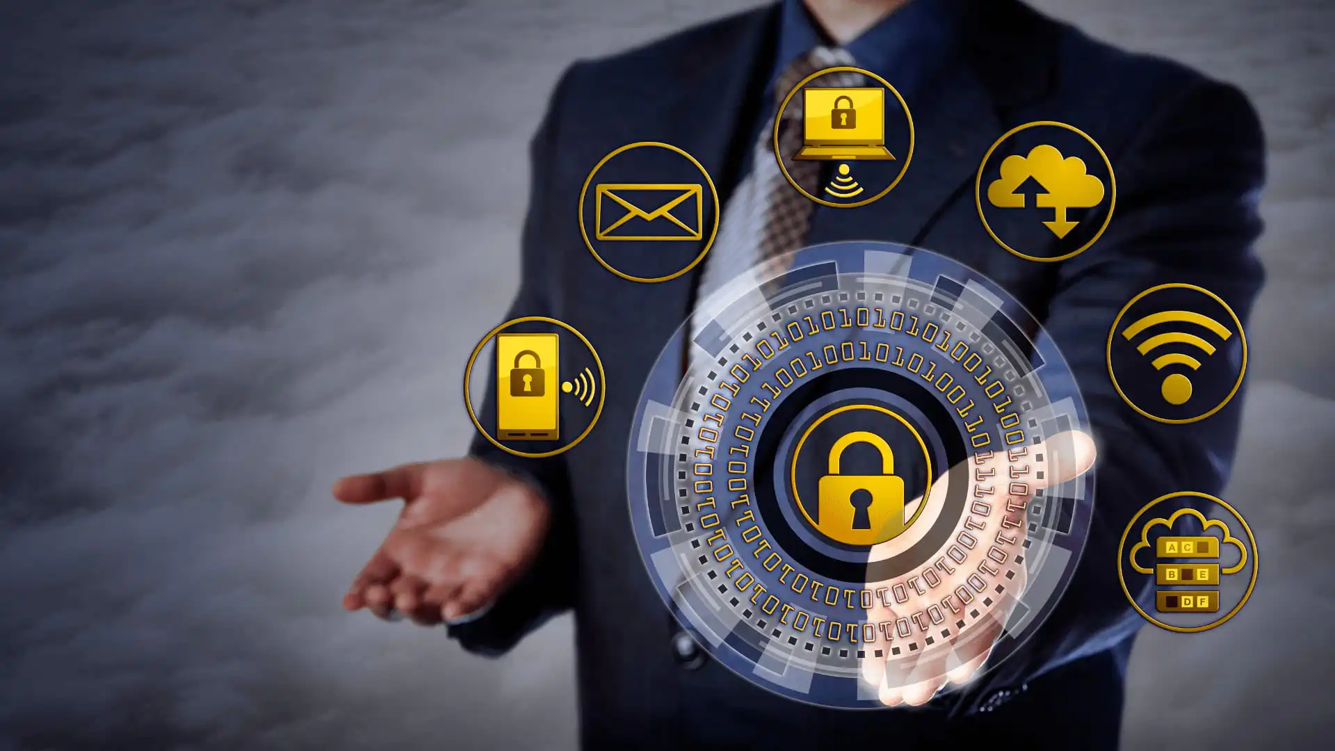 A businessperson in a suit stands with open hands; digital icons represent cybersecurity threats like locks, cloud storage, email, and Wi-Fi—highlighting how Montana businesses must stay vigilant against evolving digital risks.