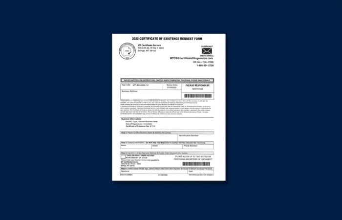 Secretary Jacobsen refers 'deceptive mailing' to Attorney General's Office 7 A 2023 Certificate of Existence Request Form from the Kentucky Secretary of State, displayed on a dark blue background. The form alerts new businesses to be cautious of deceptive mailings requesting similar documents.