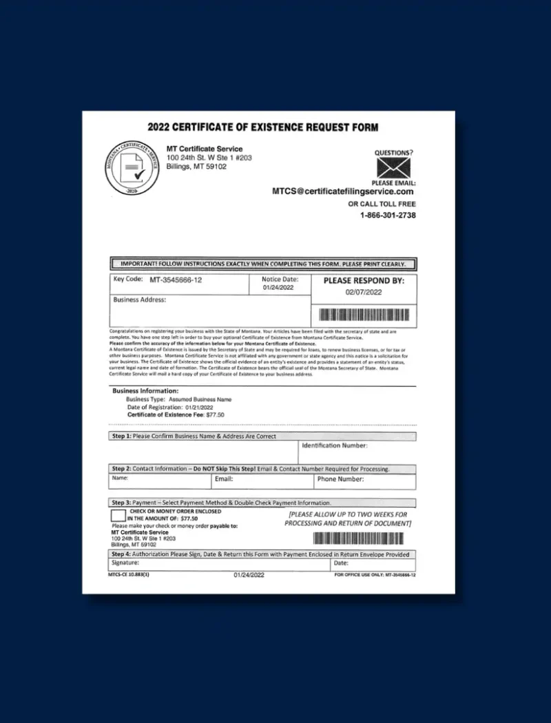 A 2023 Certificate of Existence Request Form from the Kentucky Secretary of State, displayed on a dark blue background. The form alerts new businesses to be cautious of deceptive mailings requesting similar documents.