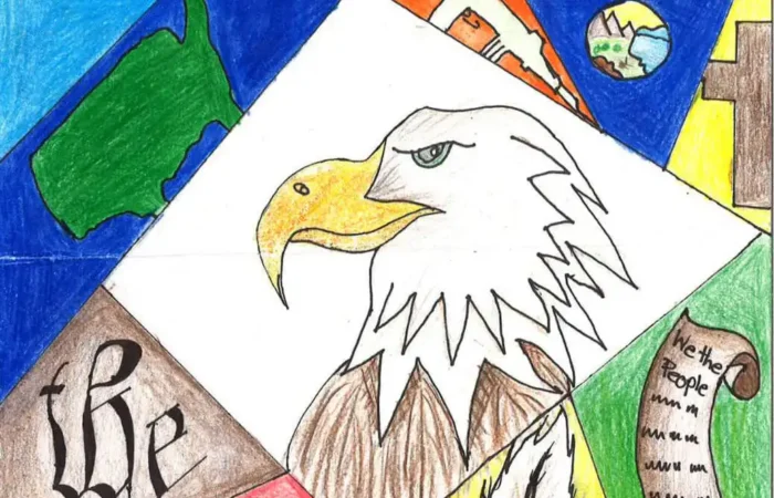 Secretary Christi Jacobsen announces winners of 2023 U.S. Constitution Contest 6 A colorful collage features a bald eagle, the U.S. flag, a quill, the phrase We the People, a map, and more—honoring Secretary Christi Jacobsen and the 2023 winners of the U.S. Constitution Contest—divided into geometric sections.