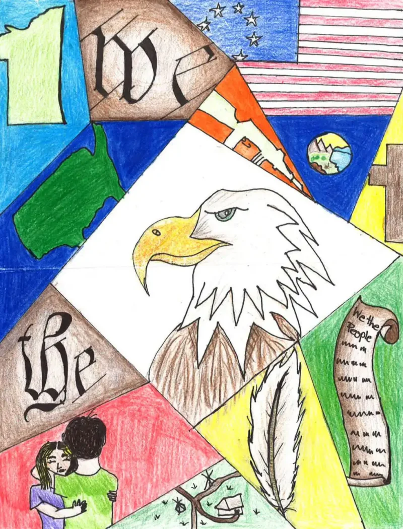 Secretary Christi Jacobsen announces winners of 2023 U.S. Constitution Contest 10 A colorful collage features a bald eagle, the U.S. flag, a quill, the phrase We the People, a map, and more—honoring Secretary Christi Jacobsen and the 2023 winners of the U.S. Constitution Contest—divided into geometric sections.