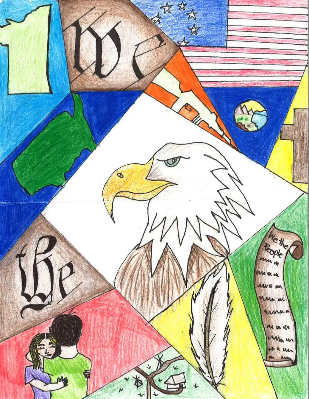 A colorful collage features a bald eagle, the U.S. flag, a quill, the phrase We the People, a map, and more—honoring Secretary Christi Jacobsen and the 2023 winners of the U.S. Constitution Contest—divided into geometric sections.