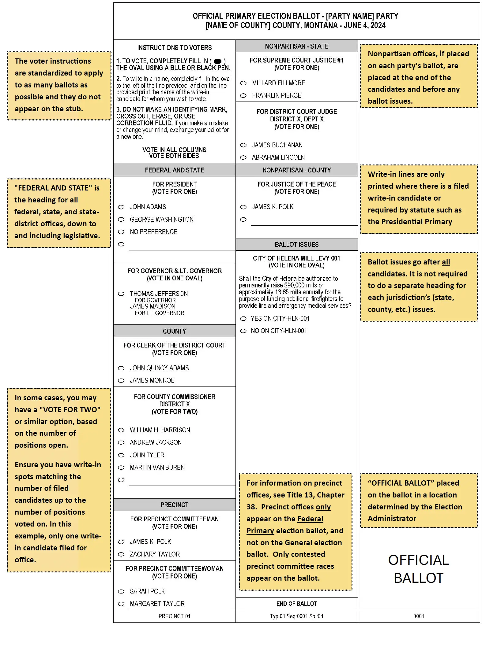 Montana Ballot Layout Guide 3 A sample primary election ballot, with candidate names and offices, voting instructions, sections for federal, state, and nonpartisan offices, and highlighted yellow notes about voting procedures.