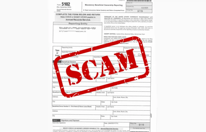 Secretary Christi Jacobsen slams out-of-state organization for business fraud 3 A form labeled Mandatory Beneficial Ownership Reporting is shown with a large red SCAM stamp across it, warning viewers of potential business fraud, especially when the filer is an out-of-state organization.