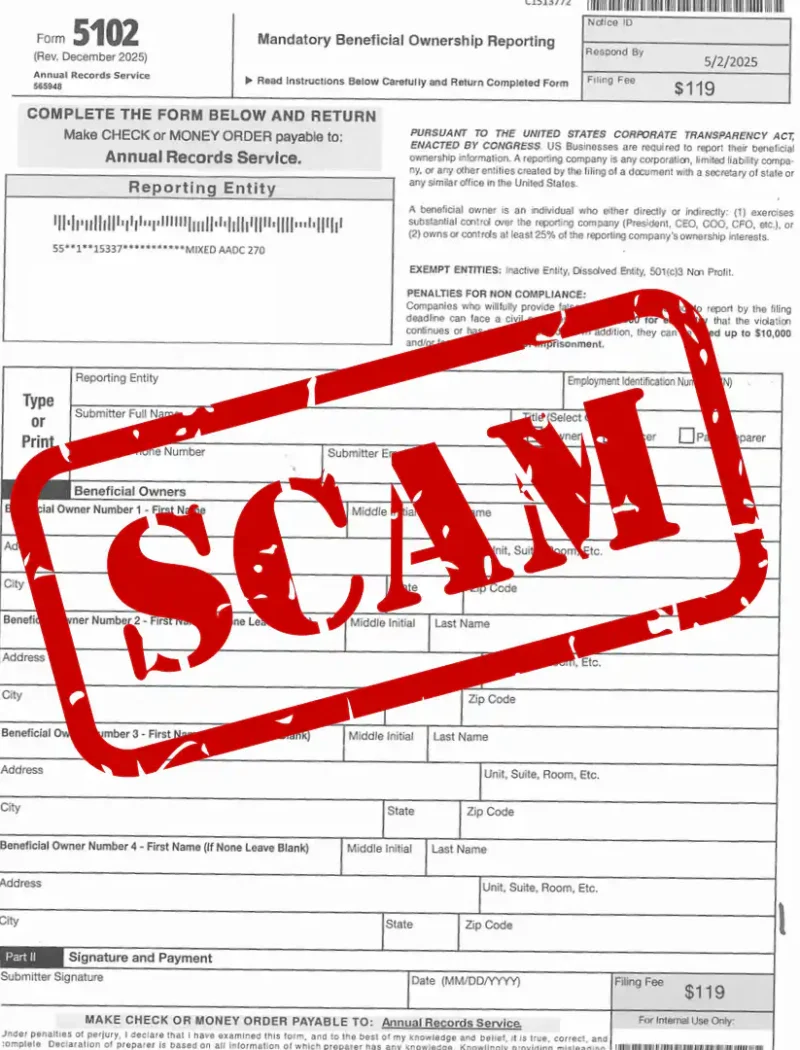 A form labeled Mandatory Beneficial Ownership Reporting is shown with a large red SCAM stamp across it, warning viewers of potential business fraud, especially when the filer is an out-of-state organization.