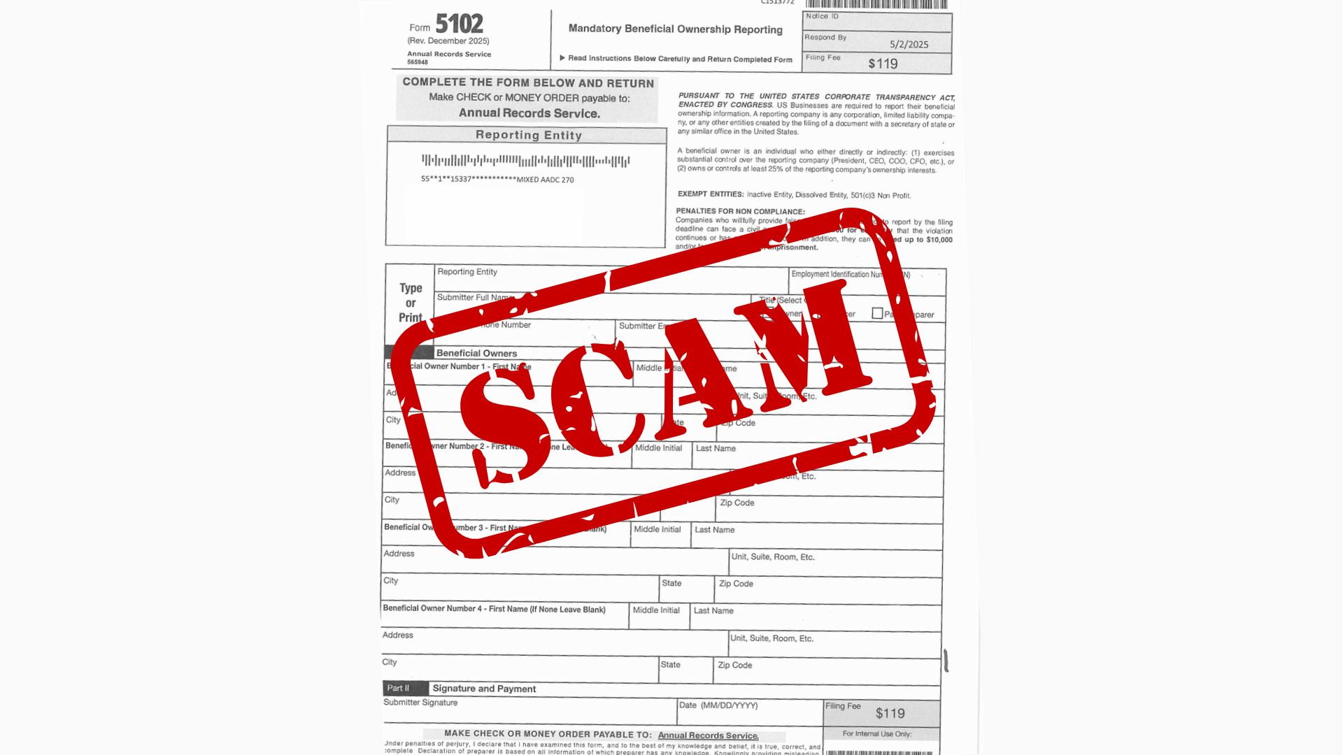 A form labeled Mandatory Beneficial Ownership Reporting is shown with a large red SCAM stamp across it, warning viewers of potential business fraud, especially when the filer is an out-of-state organization.