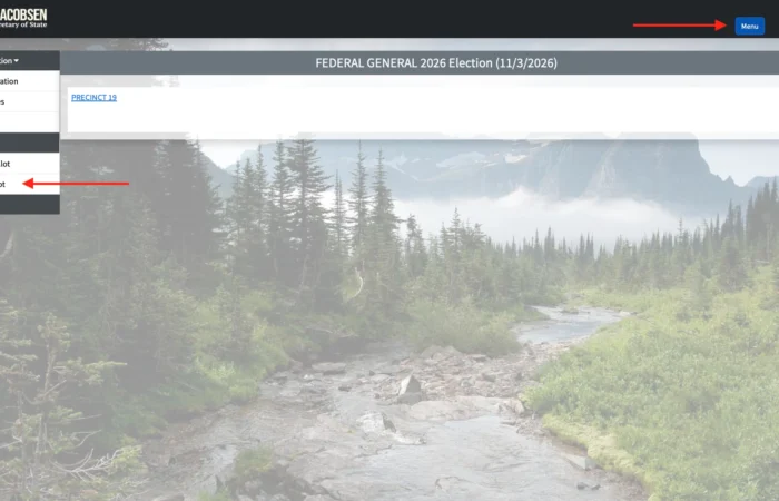 Screenshot of a voter election website with a forest and river background, a navigation menu at left, and a blue Menu button at the top right. The election listed is Federal General 2026 Election (11/3/2026), with information provided by Secretary of State Christi Jacobsen. Voters can easily access sample ballots for the upcoming November 3rd General Election directly from this page.