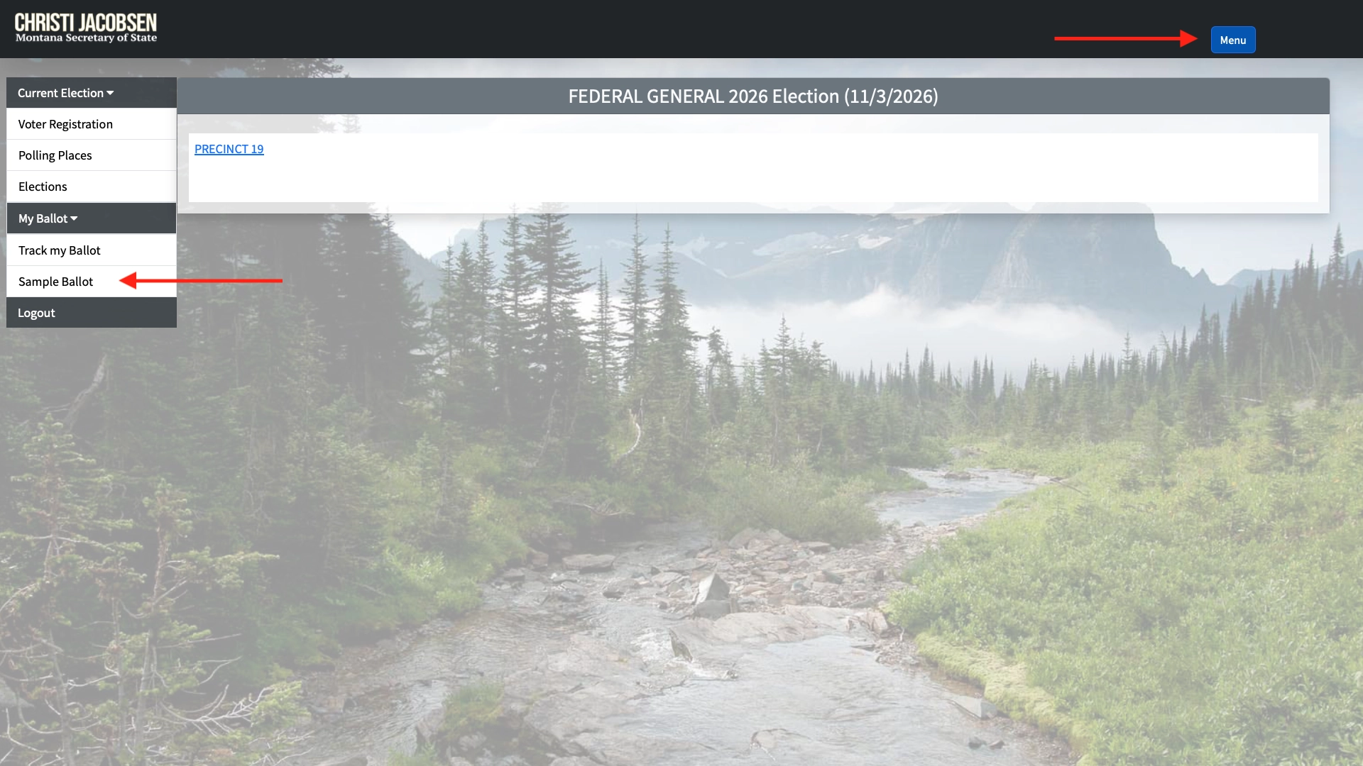 Screenshot of a voter election website with a forest and river background, a navigation menu at left, and a blue Menu button at the top right. The election listed is Federal General 2026 Election (11/3/2026), with information provided by Secretary of State Christi Jacobsen. Voters can easily access sample ballots for the upcoming November 3rd General Election directly from this page.