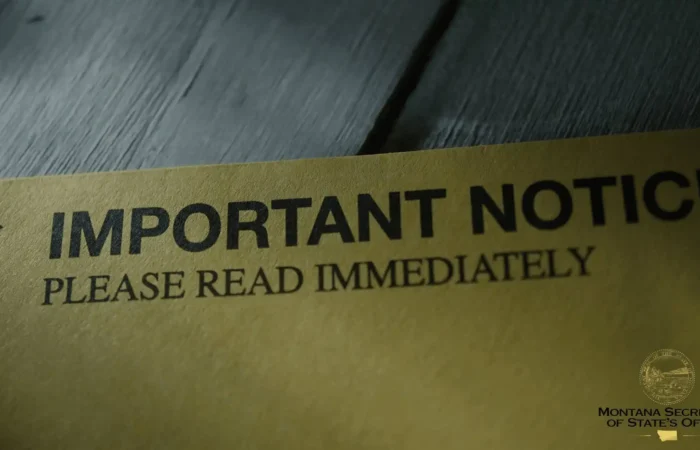 A yellow envelope with bold black text reading, IMPORTANT NOTICE PLEASE READ IMMEDIATELY. The seal and name of the Montana Secretary of State’s Office Business Services Division appear in the bottom right corner.
