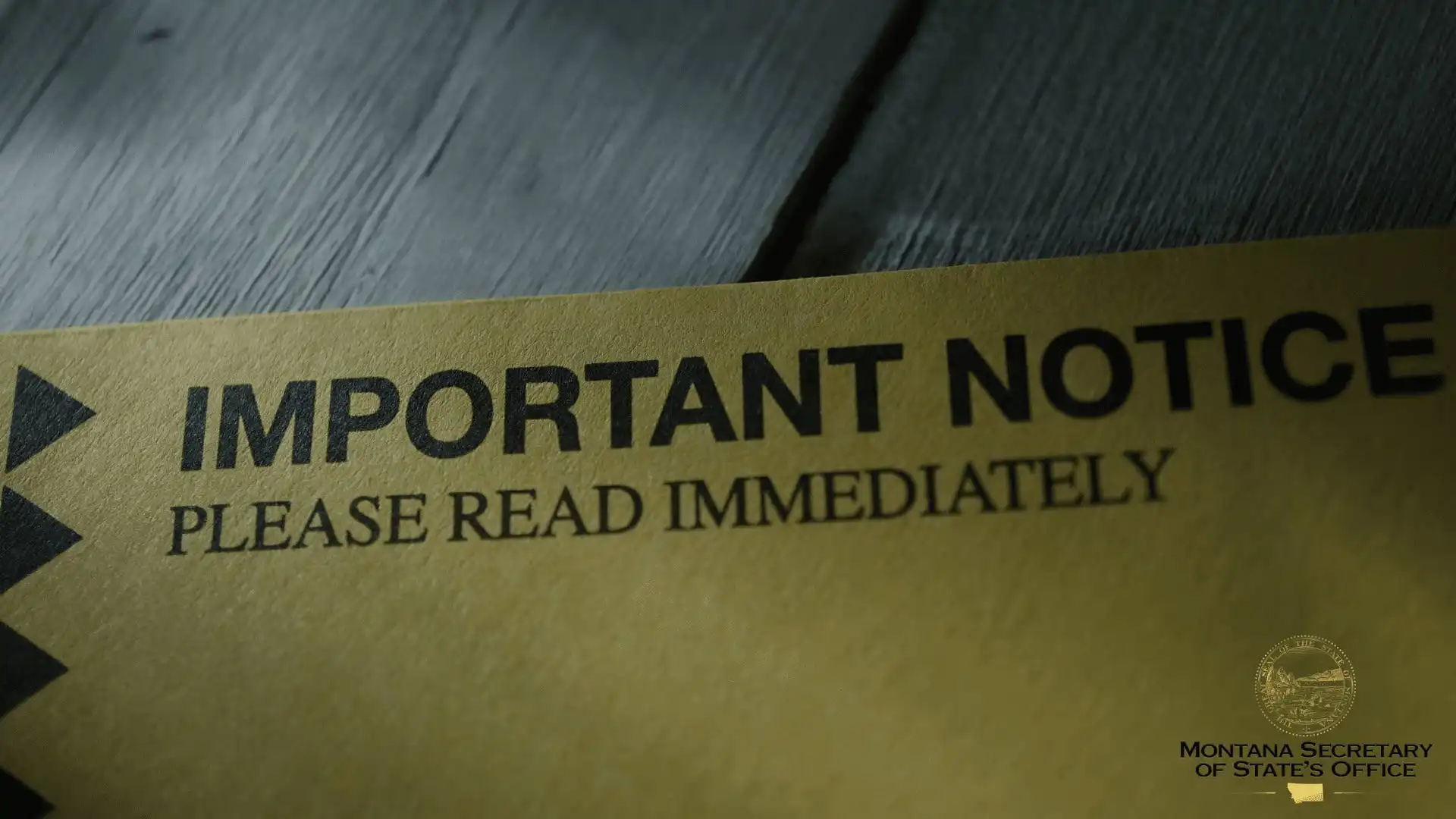 Business Services Division sends Involuntary Dissolution Notice 18 A yellow envelope with bold black text reading, IMPORTANT NOTICE PLEASE READ IMMEDIATELY. The seal and name of the Montana Secretary of State’s Office Business Services Division appear in the bottom right corner.