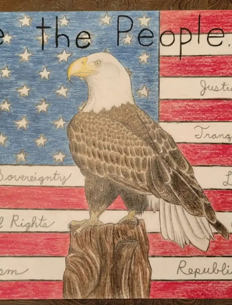 A hand-drawn American flag with a bald eagle perched on a tree stump, inspired by the US Constitution Contest. “We the People...” tops the image, with words like Justice, Liberty, and more—just as seen in 2022 winners celebrated by Christi Jacobsen.