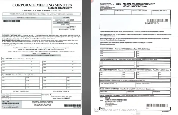 Secretary Christi Jacobsen warns Montana businesses of deceptive mailings regarding 'Annual Minutes'; sends cease-and-desist letter 7 Two official business forms side by side titled “Corporate Meeting Minutes Annual Statement” and “Annual Minutes Statement Compliance Division,” resembling Annual Minutes notices, often sent as deceptive mailings targeting Montana businesses.