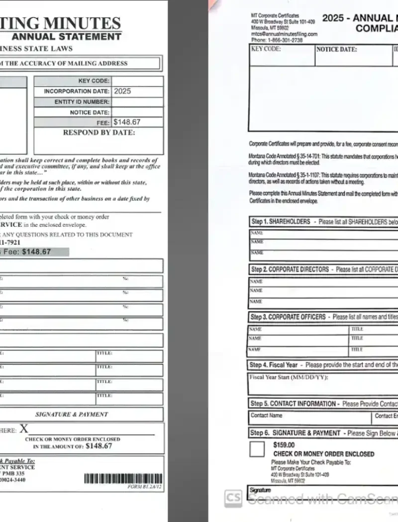 Two official business forms side by side titled “Corporate Meeting Minutes Annual Statement” and “Annual Minutes Statement Compliance Division,” resembling Annual Minutes notices, often sent as deceptive mailings targeting Montana businesses.