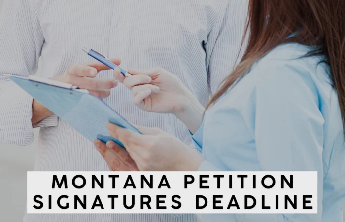 Petition signatures for proposed statewide ballot issues submitted to Montana counties; election officials to verify and certify 3 Two people holding a clipboard and pen, appearing to discuss or sign a document. Overlaid text reads: Montana Petition Signatures Deadline—important for statewide ballot issues, say Montana election officials.