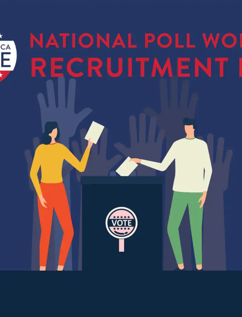Illustration of two people placing ballots in a Help America Vote box, with text reading National Poll Worker Recruitment Day. Raised hands appear in the background, and the Montana Secretary of State’s Office logo is in the bottom right.