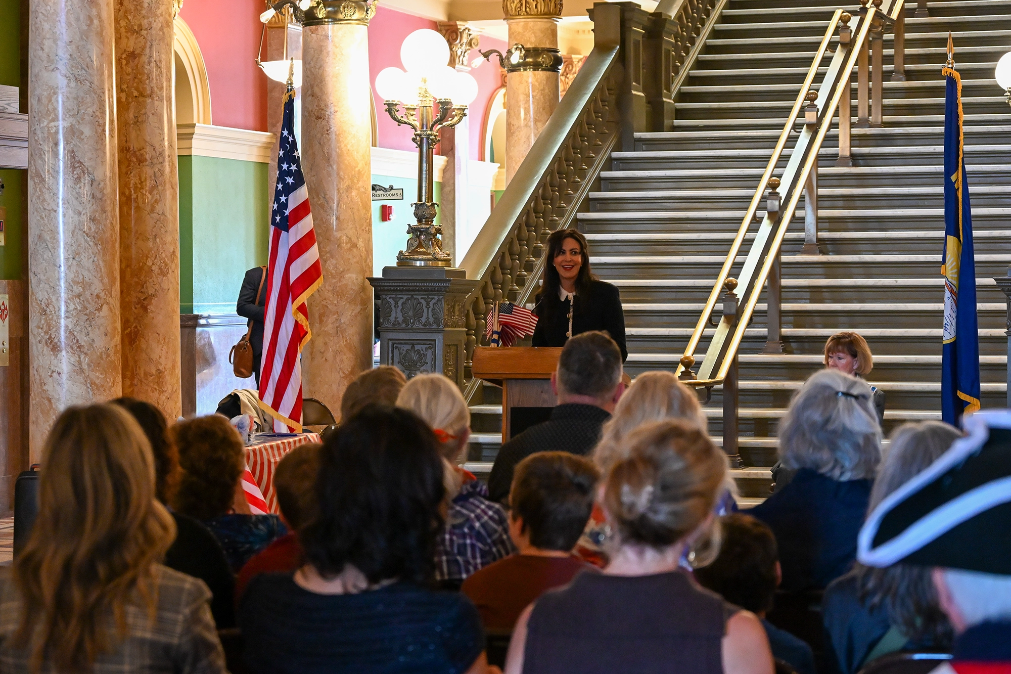 Montana Secretary of State Christi Jacobsen delivers remarks during the Constitution Day celebration in the Montana State Capitol.