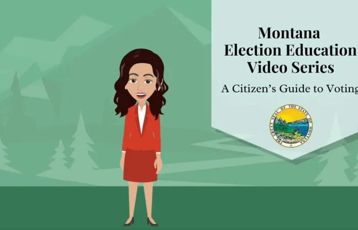 Secretary of State Christi Jacobsen excited to release Montana Election Education Video Series 5 Animated woman stands before mountain scenery with text: “Montana Election Education Video Series: A Citizen’s Guide to Voting,” featuring the Secretary of State seal on a banner to the right.
