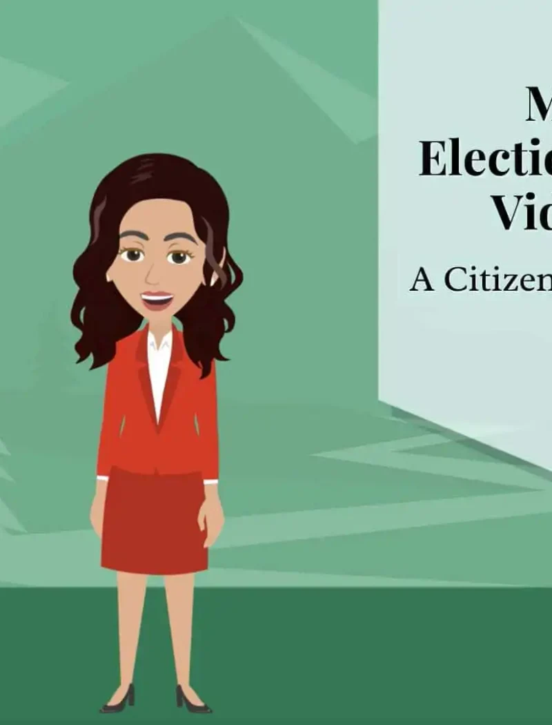 Animated woman stands before mountain scenery with text: “Montana Election Education Video Series: A Citizen’s Guide to Voting,” featuring the Secretary of State seal on a banner to the right.