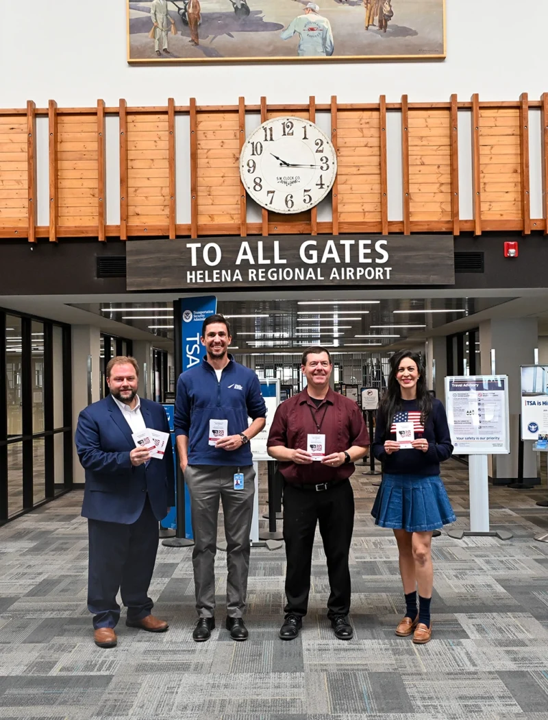 Secretary of State Christi Jacobsen delivered copies of the Declaration of Independence for all passengers departing the Helena Regional Airport on Independence Day. Secretary Jacobsen was joined by officials with the Helena Regional Airport and Chris Averill of Montana's 250th Commission.