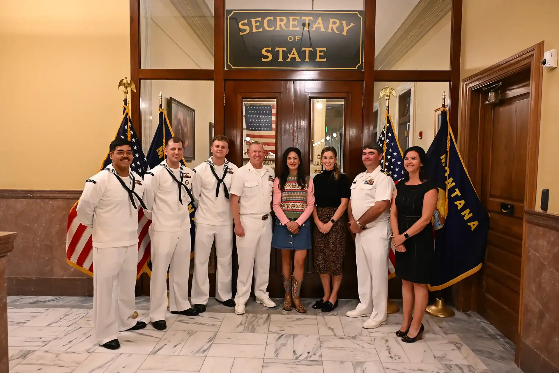 Montana Secretary of State Christi Jacobsen welcomed leadership from the USS Montana to the Montana State Capitol.